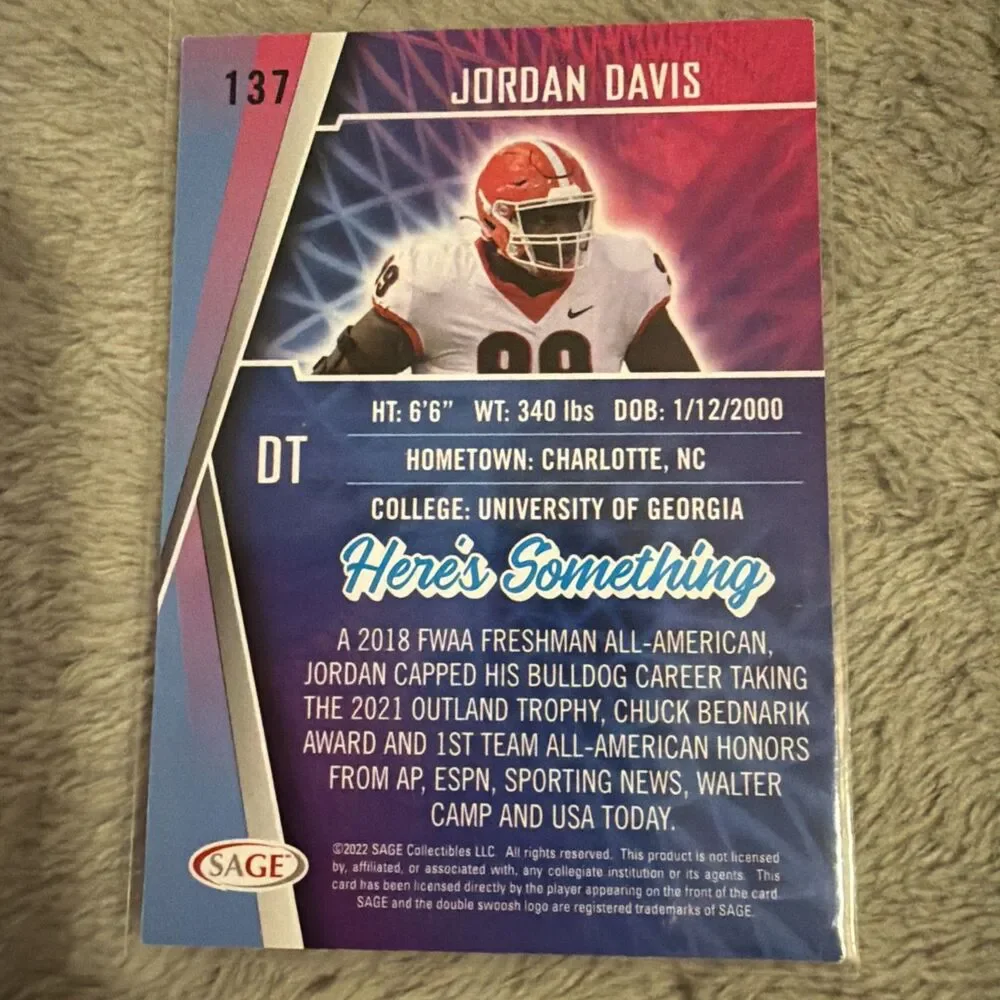 2022 SAGE High Series - Jordan Davis #137 (RC)